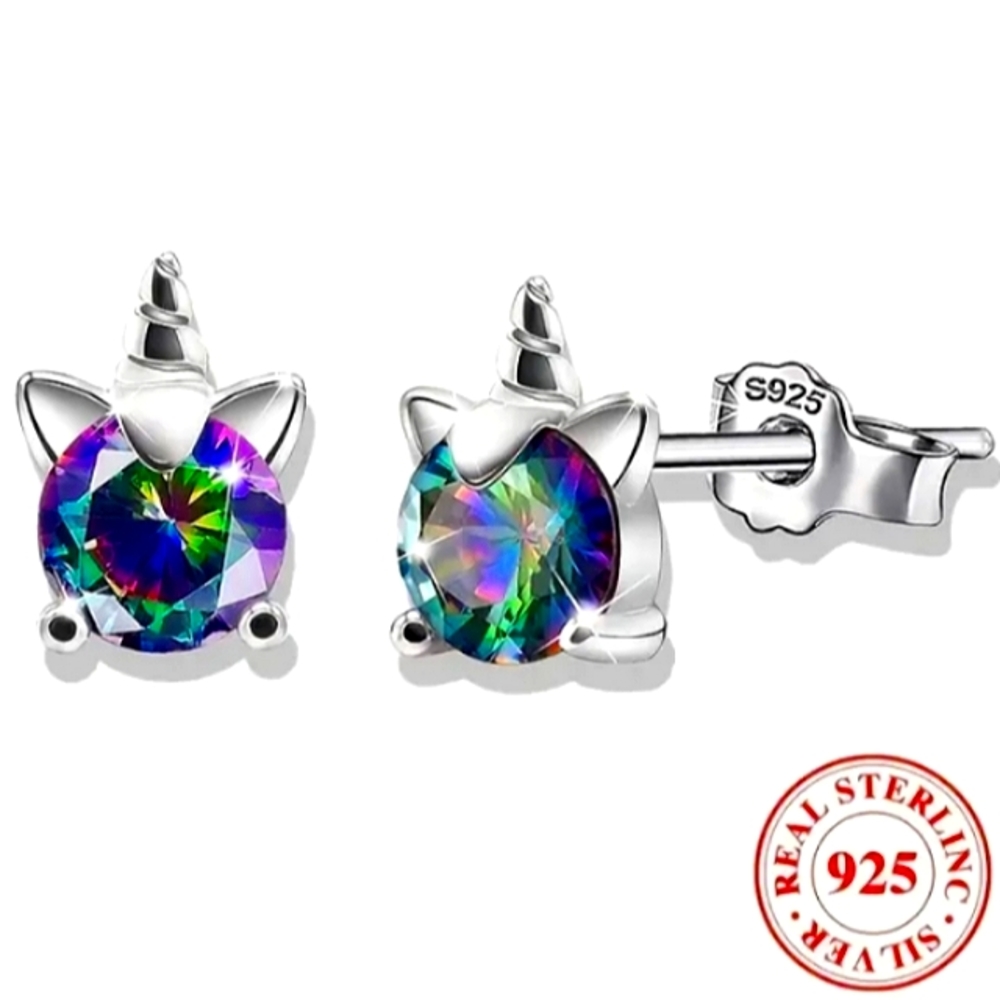 Rainbow Mystic Topaz Unicorn Zircon S925 Solid Sterling Silver Stamped Studs